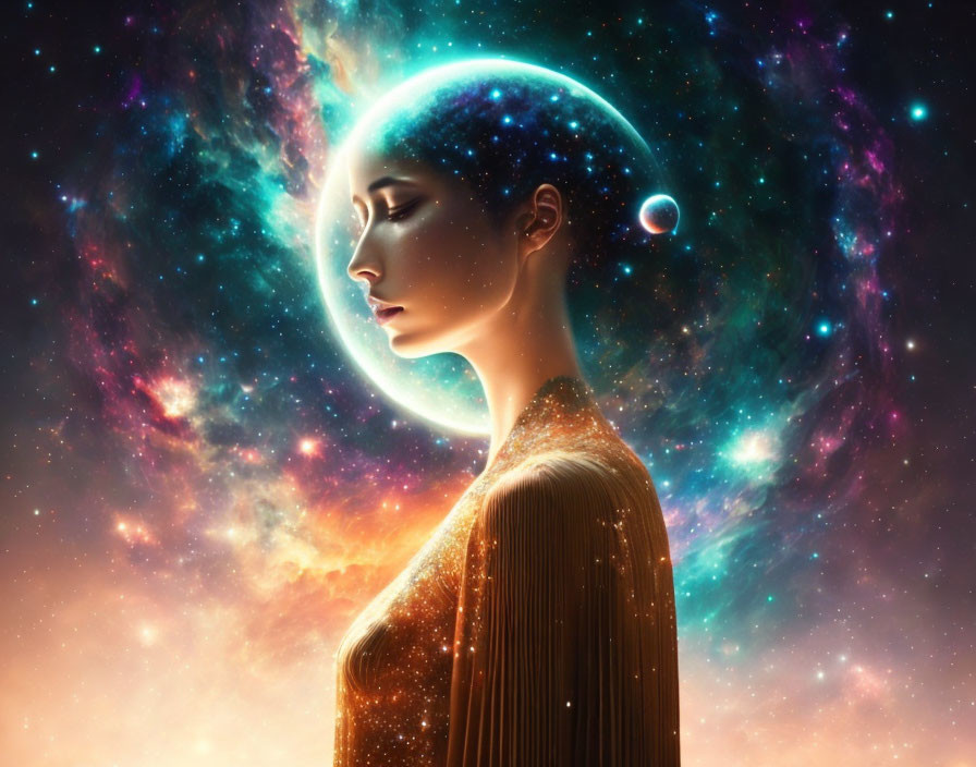 Digital artwork: Woman's silhouette merges with cosmic background