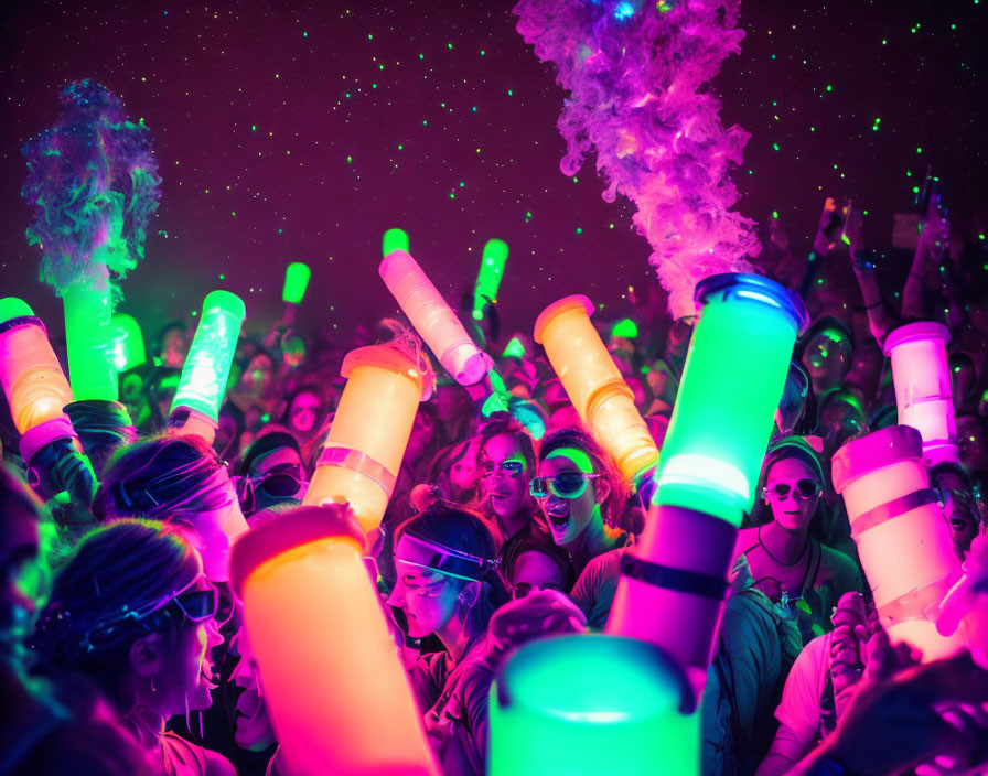 Colorful crowd at concert under neon lights with light sticks and smoke.