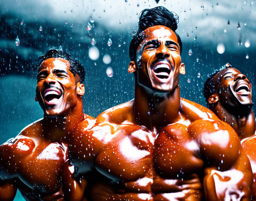 Three bodybuilders celebrating in the rain with suspended water droplets.