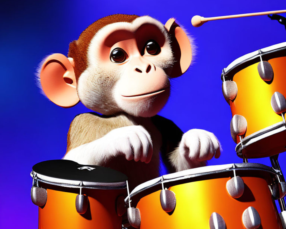 Playful 3D-animated monkey drumming on blue background