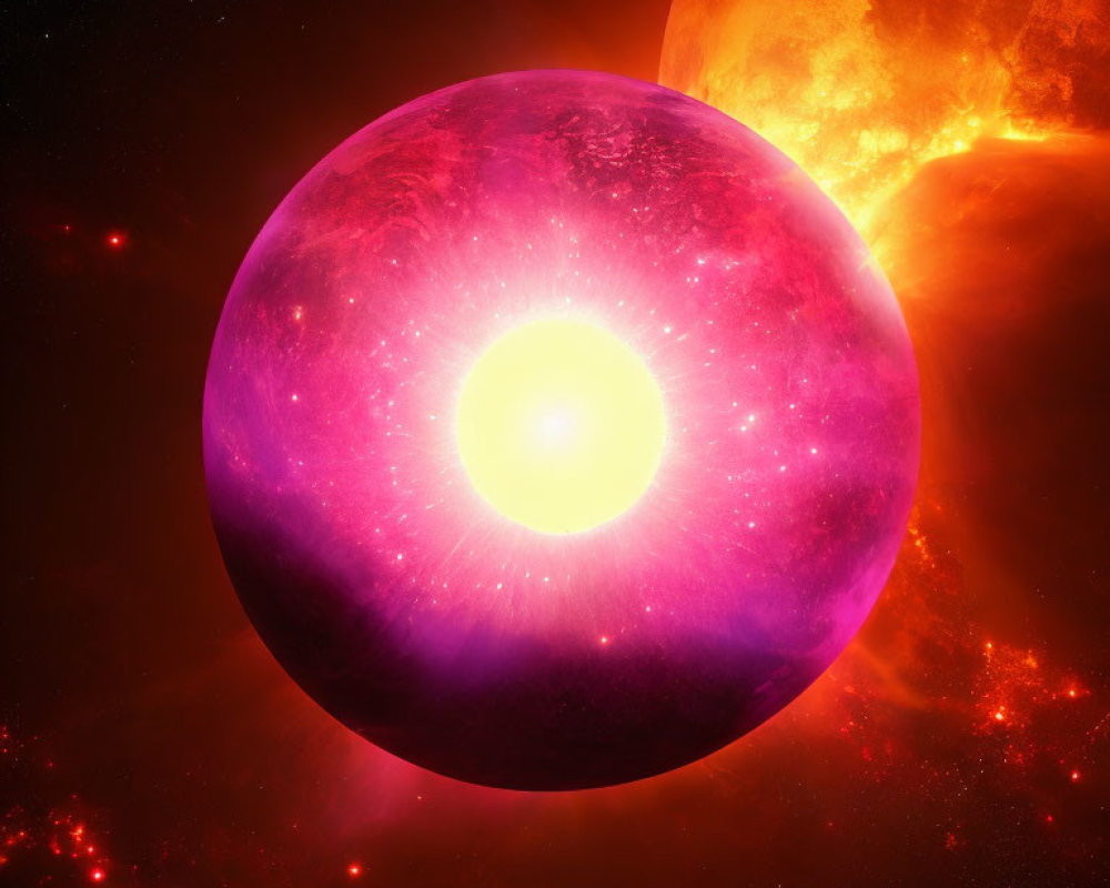 Vibrant digital art: Purple and pink planet with glowing sun