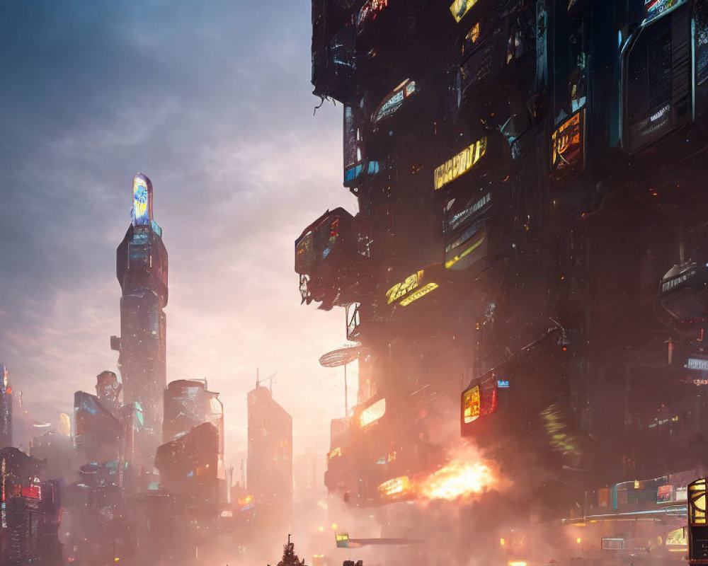 Futuristic cityscape at dusk with towering buildings and neon signs