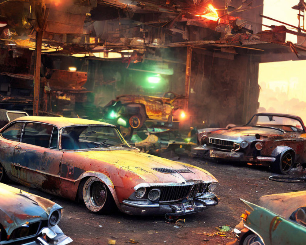 Derelict cars and decaying buildings in a post-apocalyptic setting