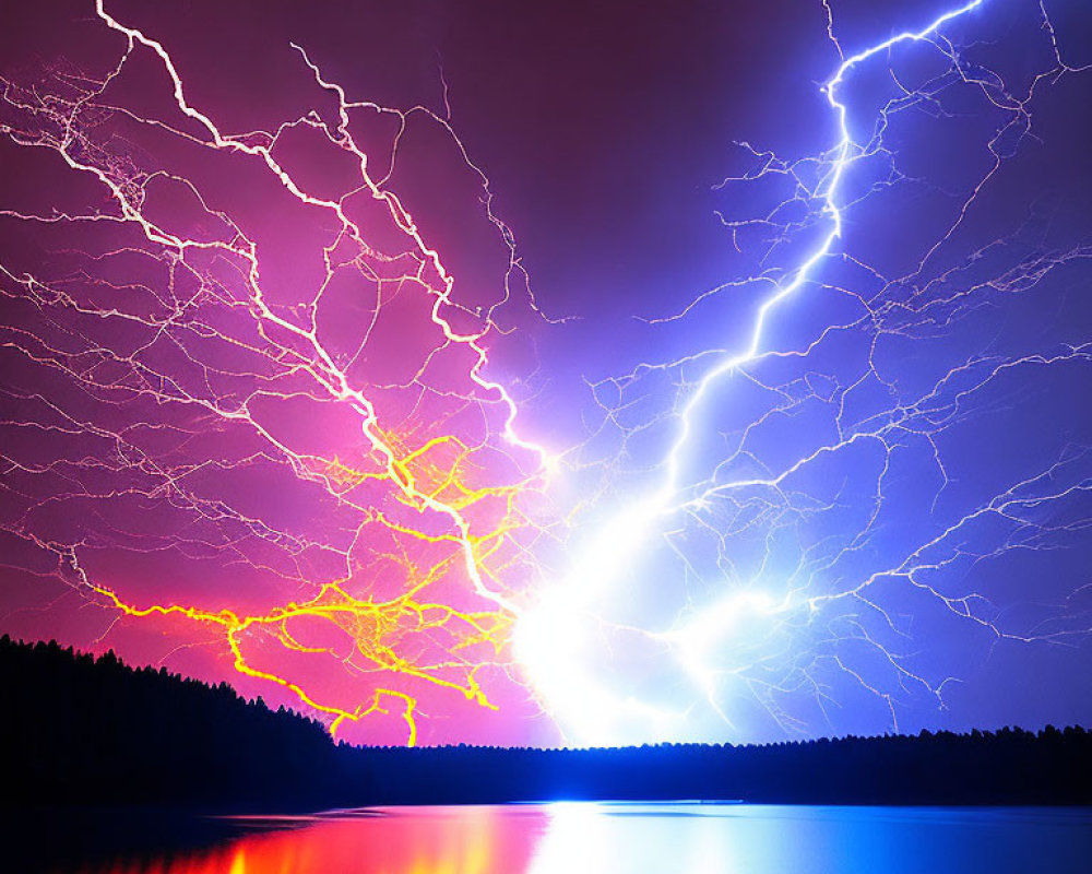 Vivid lightning bolts illuminate night sky over a lake