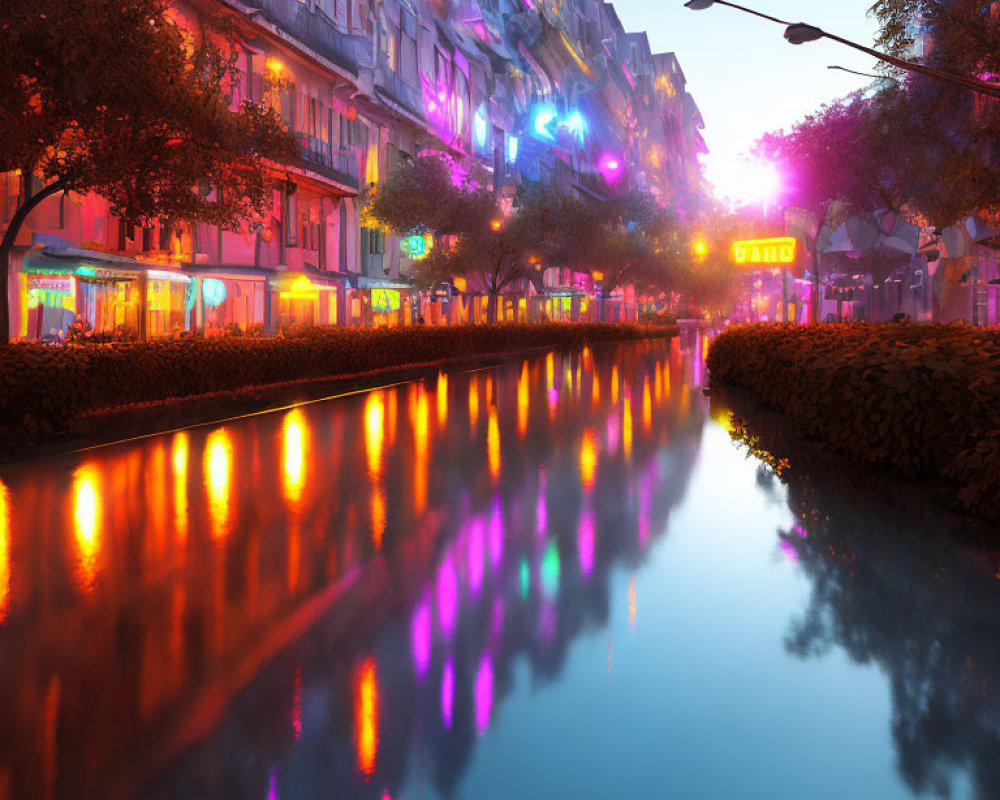 Tranquil urban canal at twilight with illuminated buildings and purple sky