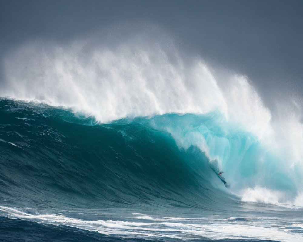 Surfer riding colossal turquoise wave against stormy sky.