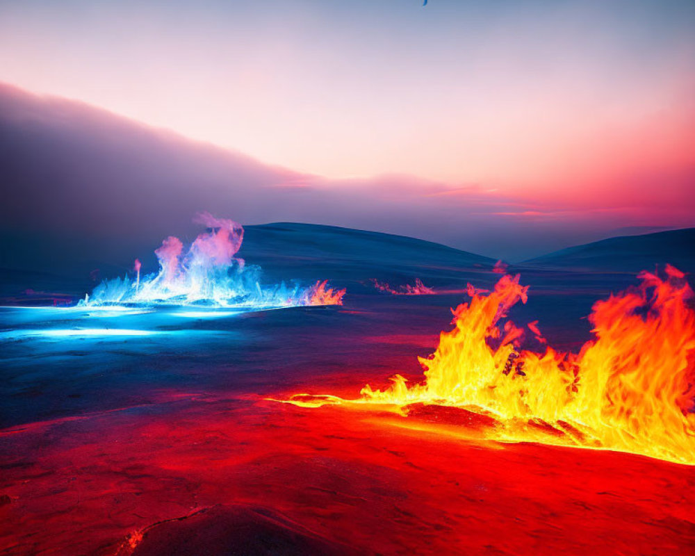 Vibrant lava flows, blue flames, twilight sky, crescent moon