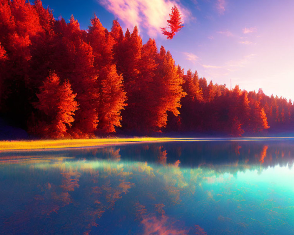 Autumn forest reflected in serene lake under blue sky