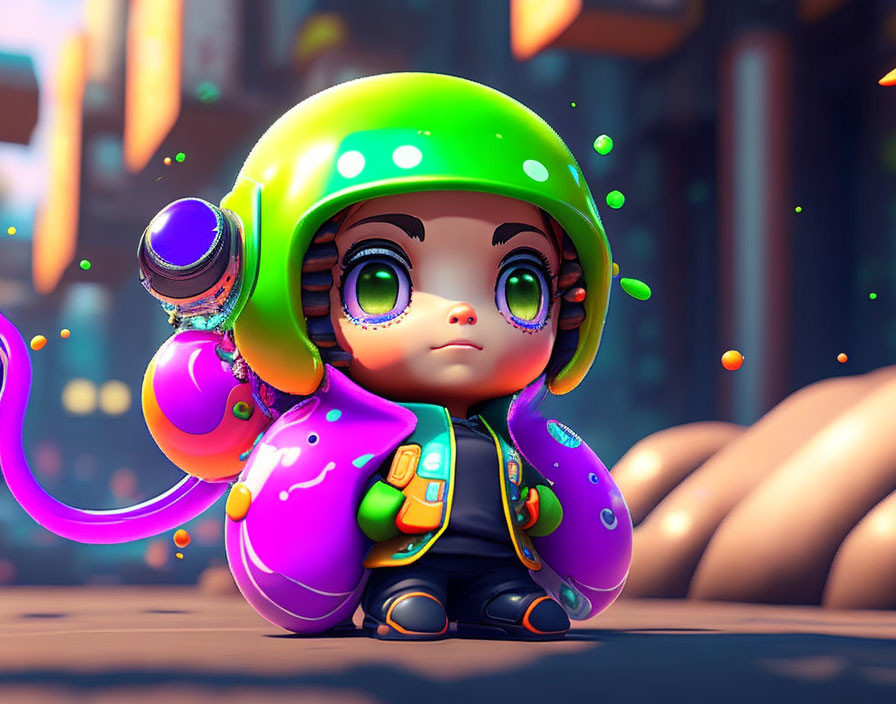 Colorful 3D illustration of cute character in green helmet and suit