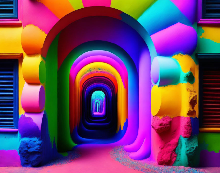 Multicolored Psychedelic Tunnel with Neon Gradient & Textured Walls