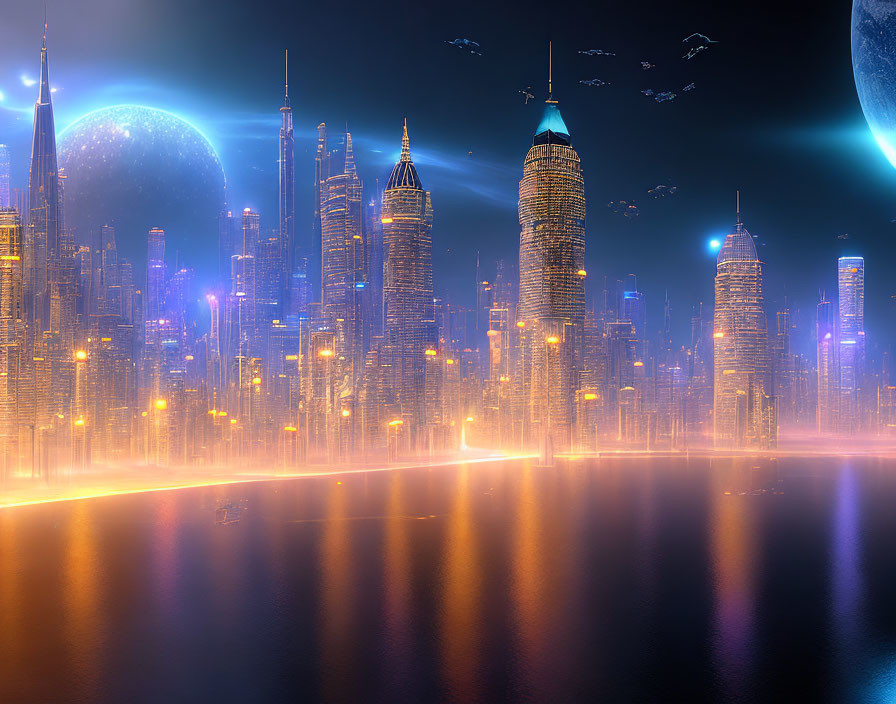 Nighttime futuristic cityscape with skyscrapers, moons, and flying vehicles.