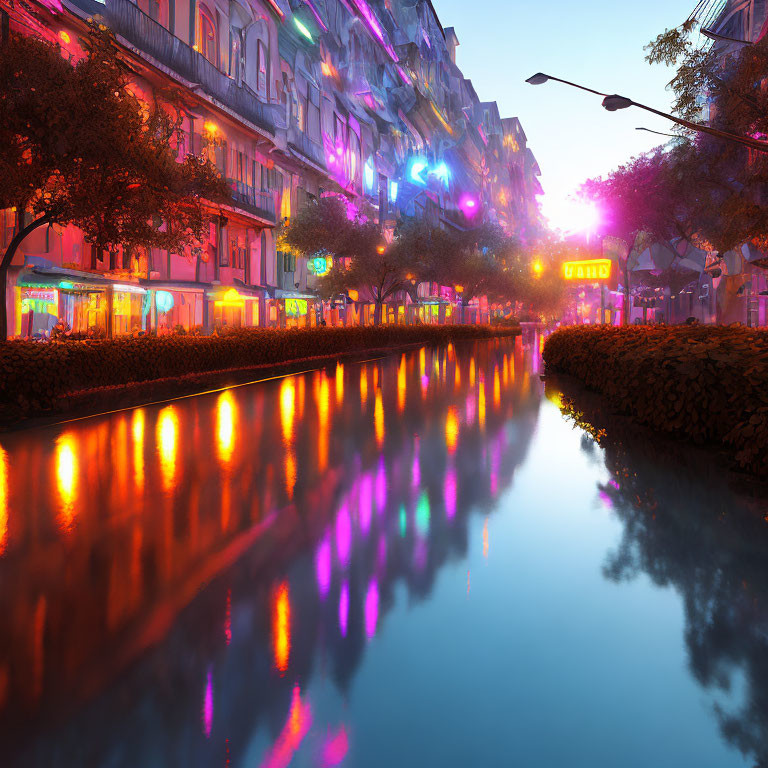 Tranquil urban canal at twilight with illuminated buildings and purple sky