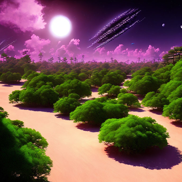 Forest under pink sky with moon, stars, and comet trails by riverbank