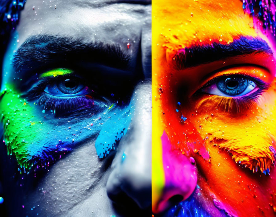 Vibrant multicolored paint splashes on two eyes