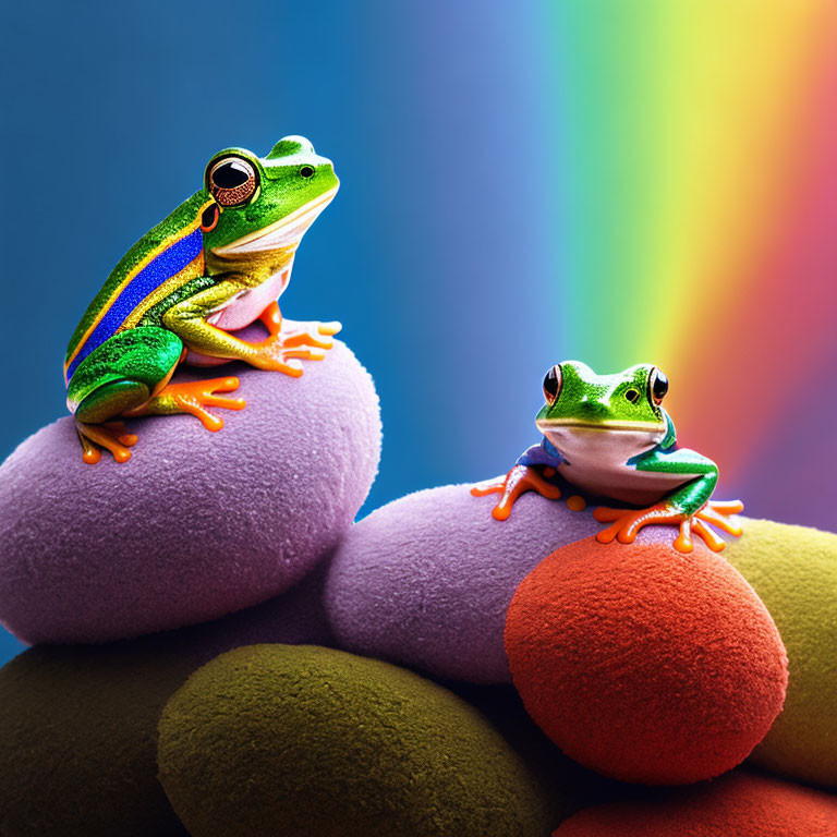 Colorful Frogs on Vibrant Spheres Against Rainbow Backdrop