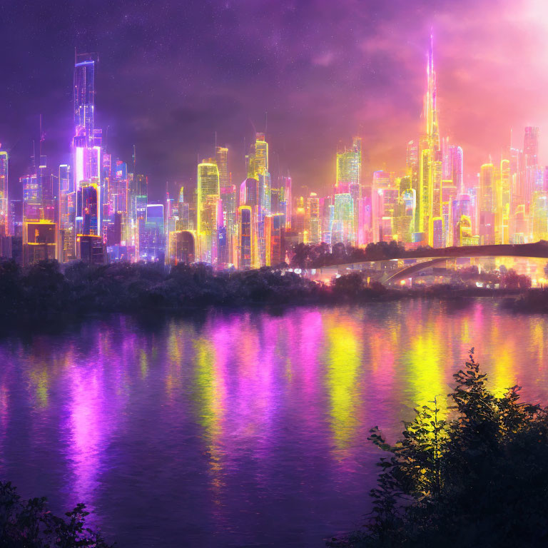 Futuristic cityscape at dusk with neon-lit skyscrapers and colorful sky