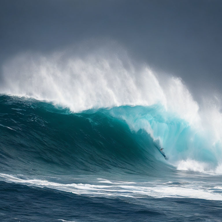 Surfer riding colossal turquoise wave against stormy sky.