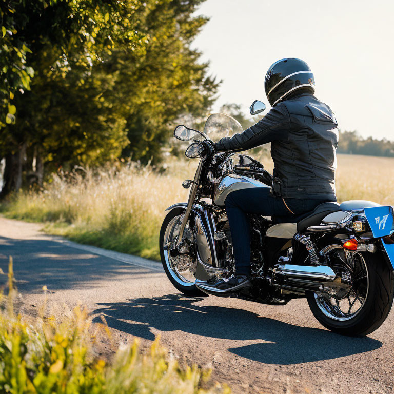 Motorcyclist in protective gear riding black cruiser motorcycle on tree-lined road