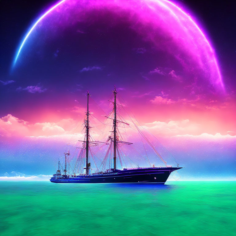 Tall ship sailing on vivid turquoise sea under surreal sky