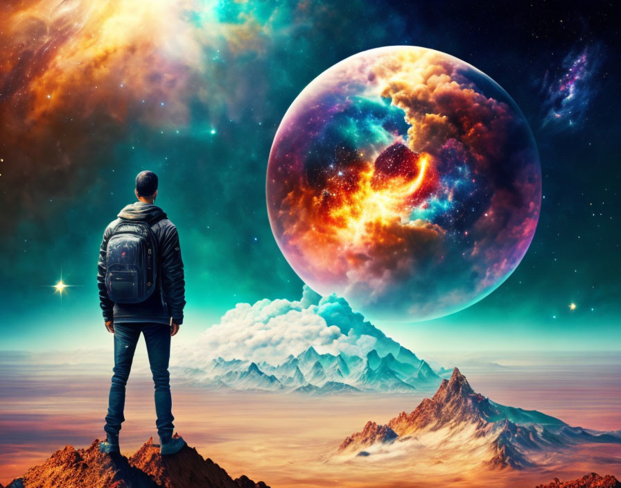 Person on mountain peak gazes at surreal cosmic scene with colorful nebulae and oversized planet.