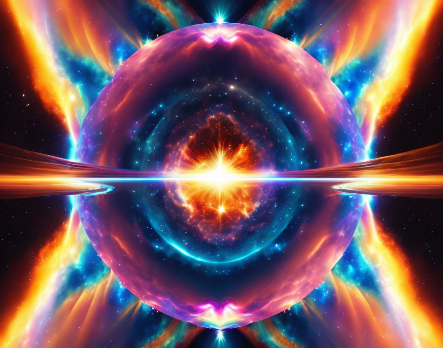 Colorful cosmic scene with central glowing sphere and swirling patterns.