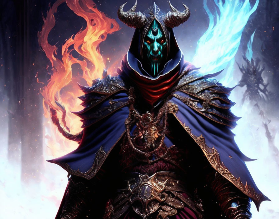 Fantasy character with blue glowing eyes in horned helmet and armor in fiery and icy ethereal back