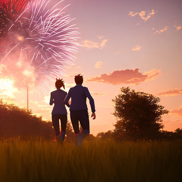 Two individuals running in field under evening fireworks