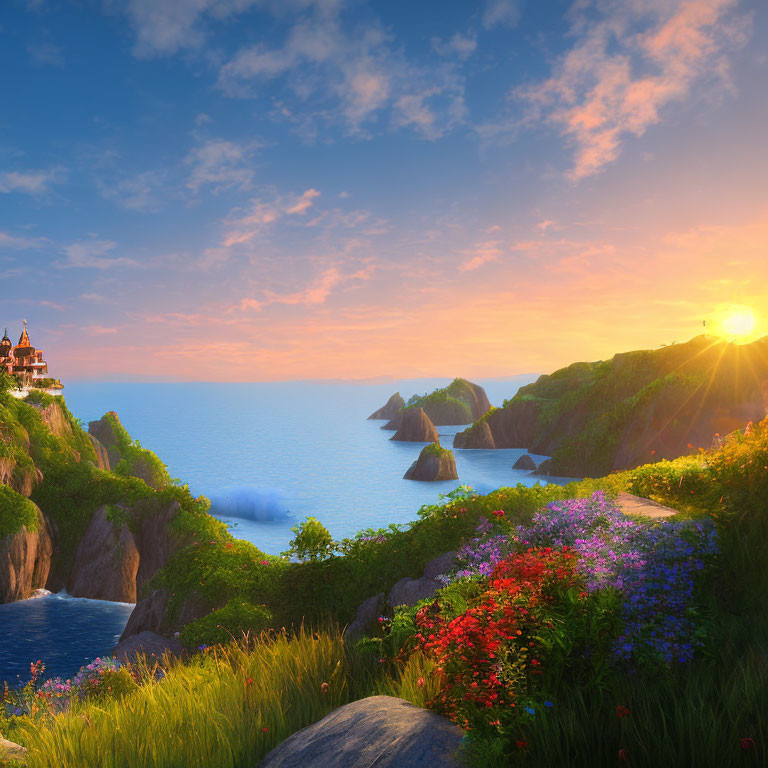 Picturesque coastal landscape: sunset, castle on cliff, vibrant flowers, serene blue waters