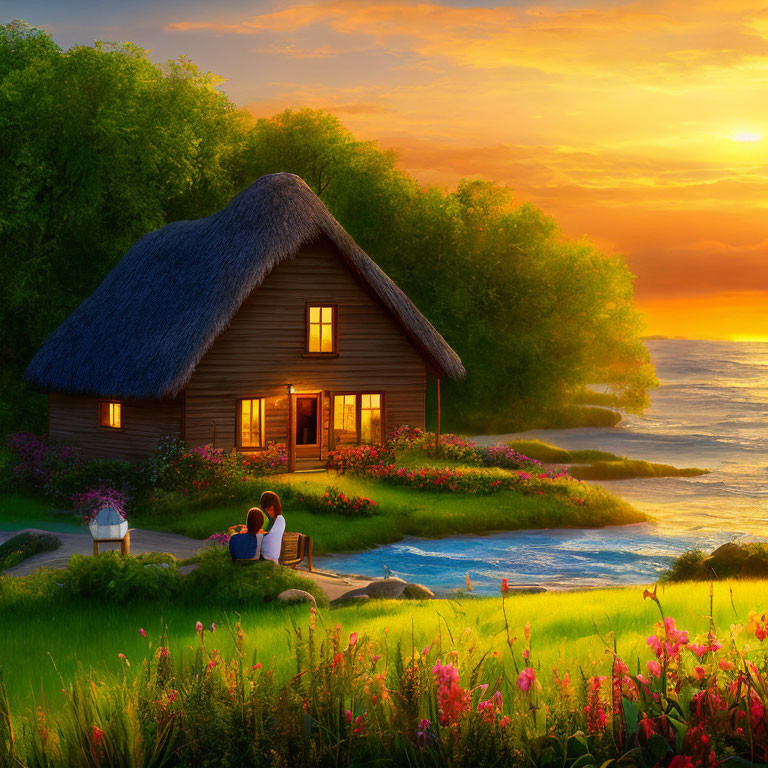 Sunset scene: Couple at thatched cottage with ocean view