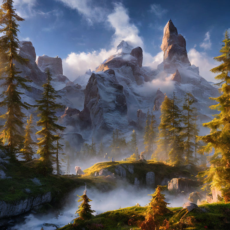 Majestic Alpine Landscape with Rocky Peaks and Evergreen Forests