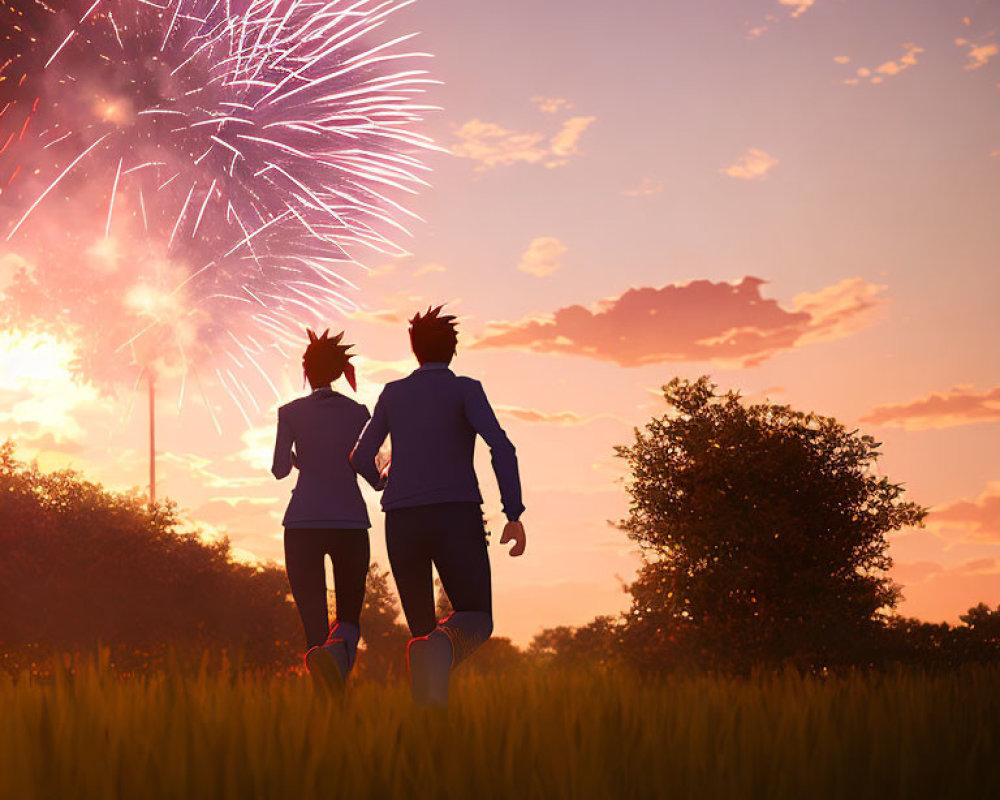 Two individuals running in field under evening fireworks