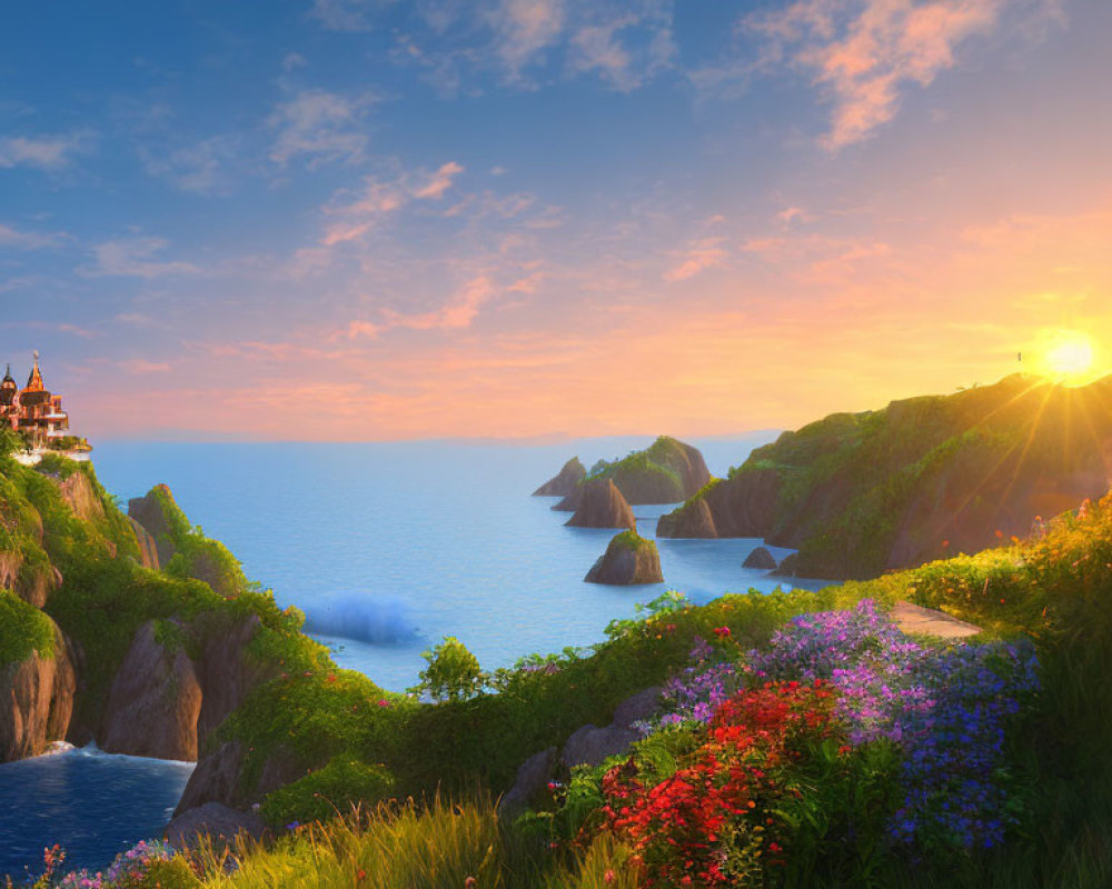 Picturesque coastal landscape: sunset, castle on cliff, vibrant flowers, serene blue waters