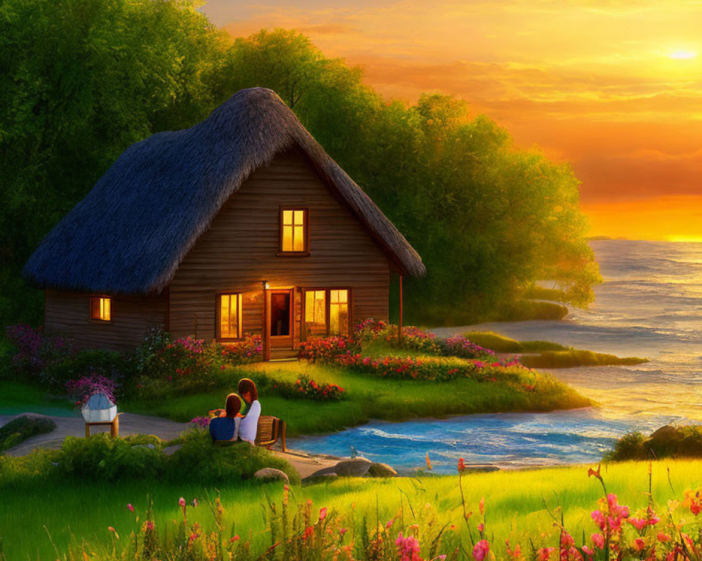 Sunset scene: Couple at thatched cottage with ocean view