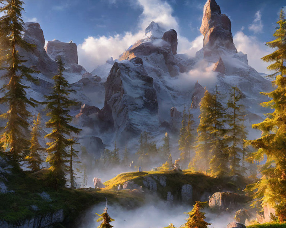 Majestic Alpine Landscape with Rocky Peaks and Evergreen Forests