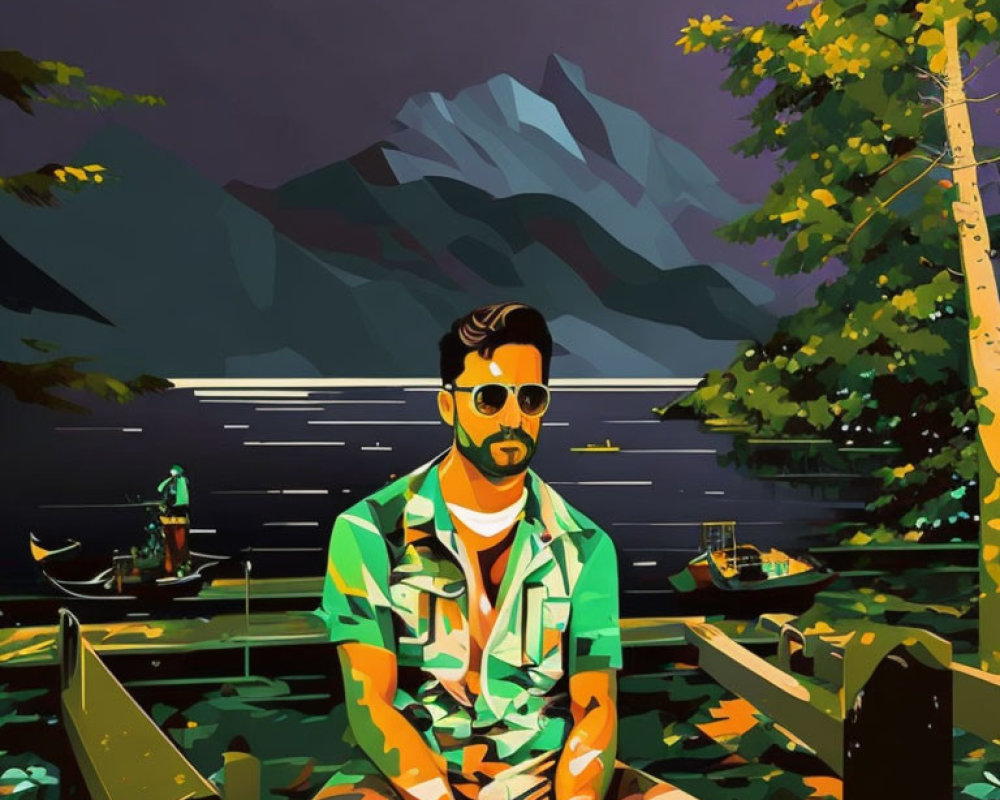 Colorful Geometric Man on Dock with Mountain and Lake