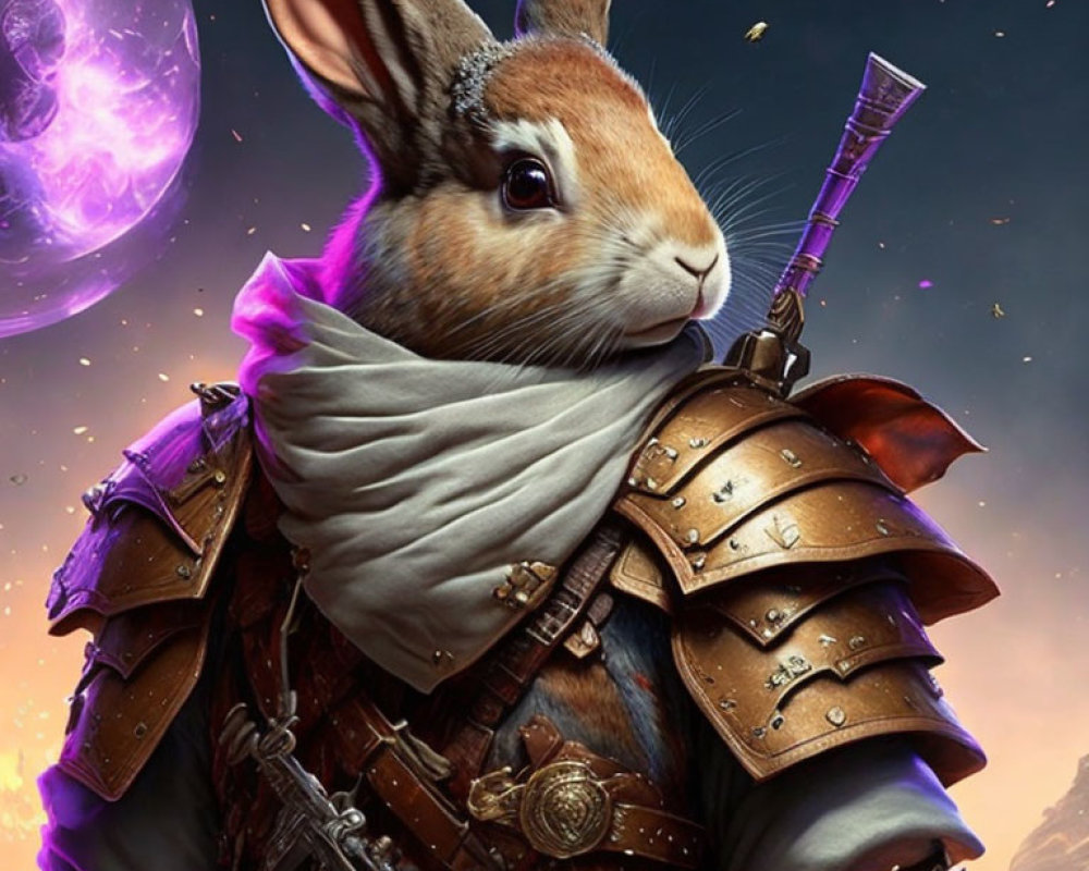 Anthropomorphic rabbit in medieval armor with celestial backdrop