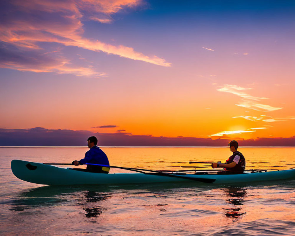 Kayaking duo on serene water under vibrant sunset glow