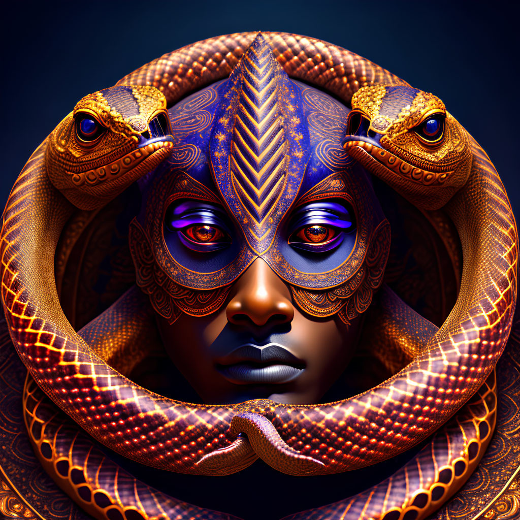 Digital Artwork: Person with Embellished Skin and Coiled Snake on Dark Background
