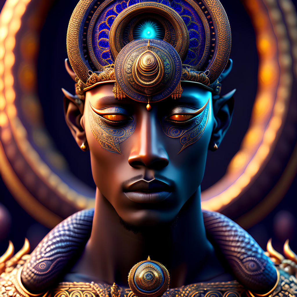 Digital artwork: Blue-skinned person with golden headgear, tribal markings, and glowing third eye.