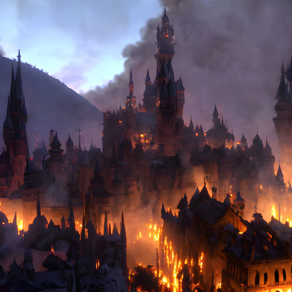 Fantasy cityscape at dusk with illuminated windows and soaring spires