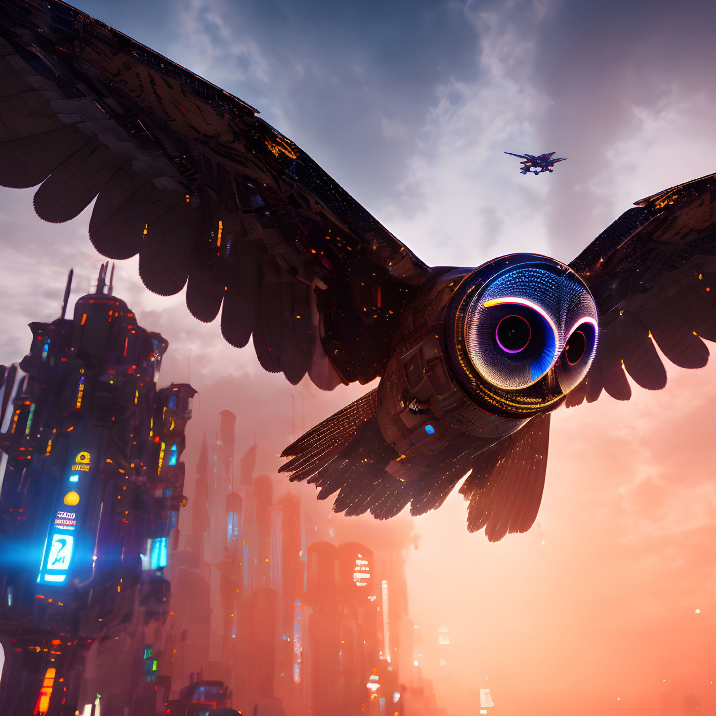 Detailed mechanical bird flying over futuristic city at sunset