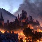 Fantasy cityscape at dusk with illuminated windows and soaring spires