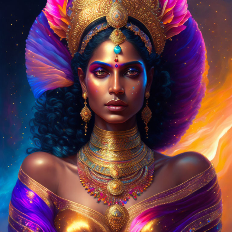 Digital artwork of woman with gold jewelry in cosmic setting