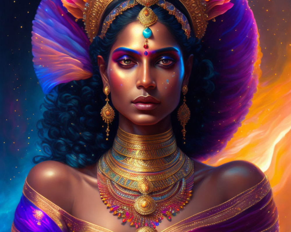 Digital artwork of woman with gold jewelry in cosmic setting