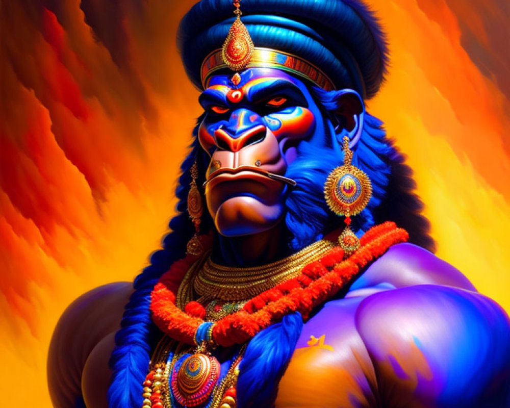 Blue-skinned muscular figure in traditional Indian attire on fiery orange background