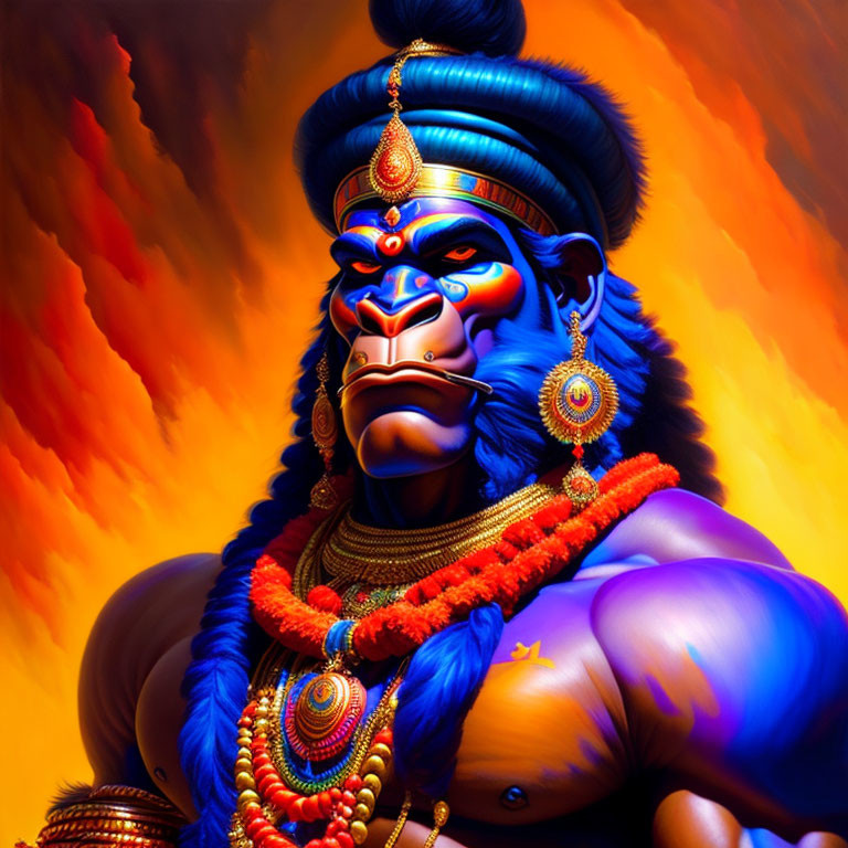 Blue-skinned muscular figure in traditional Indian attire on fiery orange background