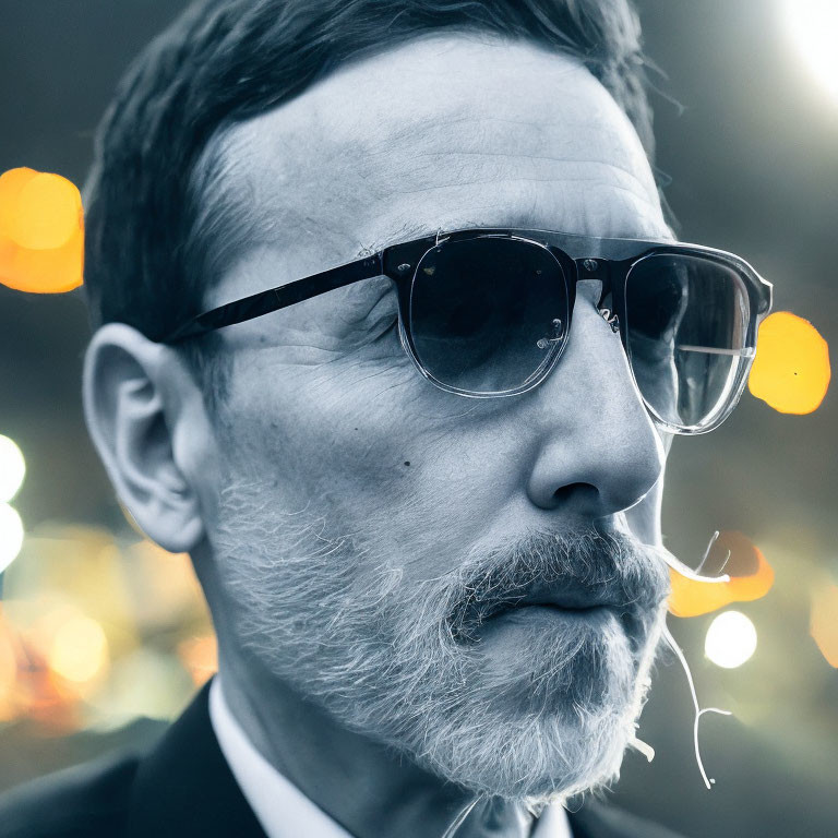 Bearded man in aviator sunglasses and suit in city lights