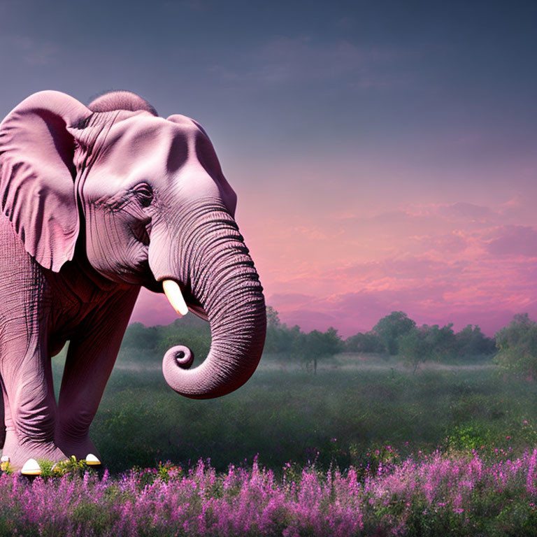 Elephant in Purple Flower Field at Twilight