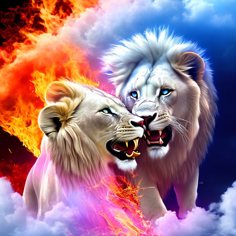 Vibrantly colored lions - one white, one blue - face off amid fiery and cloudy backdrops