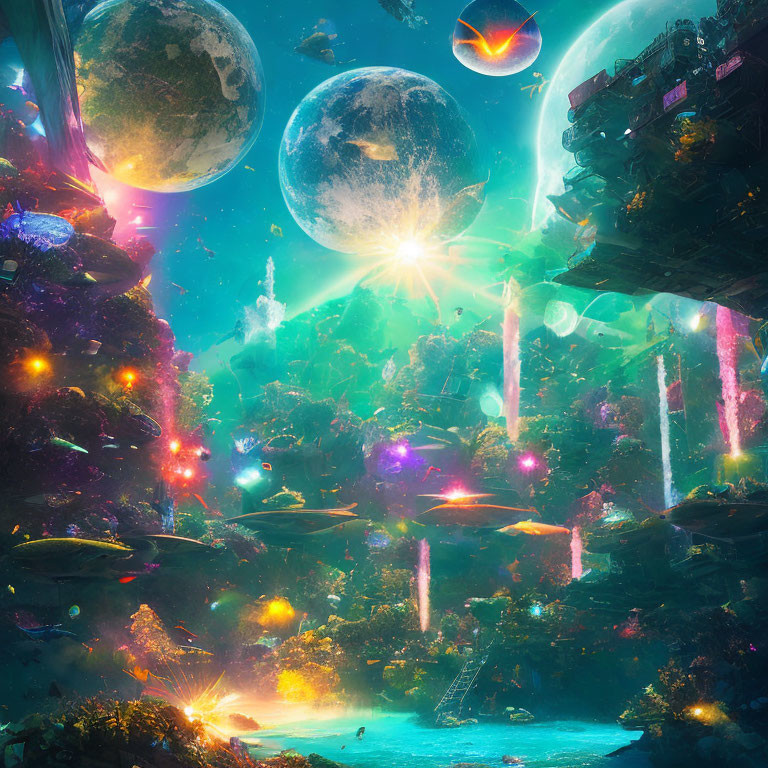 Fantasy landscape with multiple moons, glowing flora, waterfalls, and floating islands